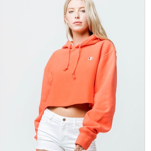 champion logo sleeve crop hoodie